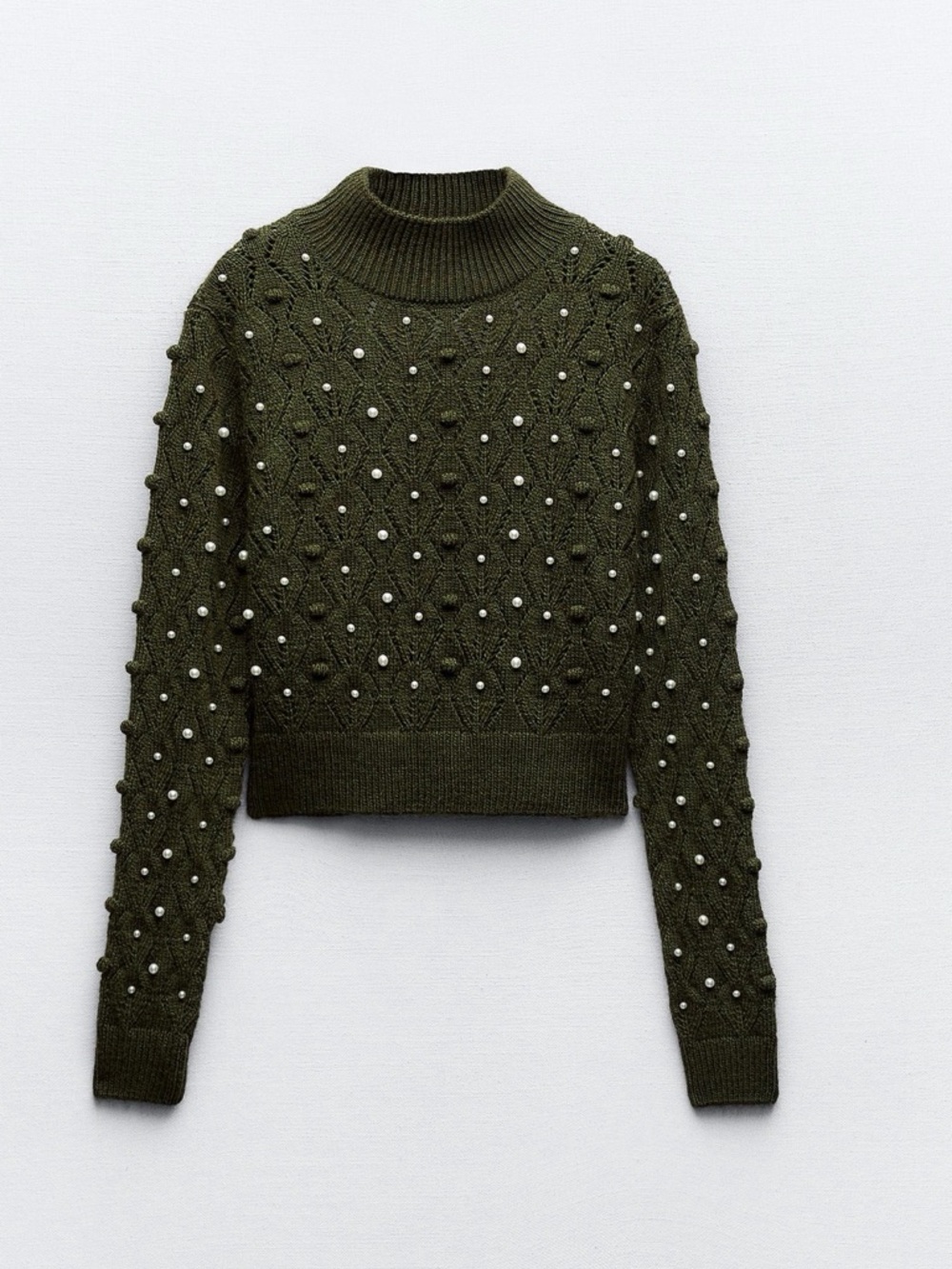 Zara Olive Green Pearl-Embellished Turtleneck Sweater